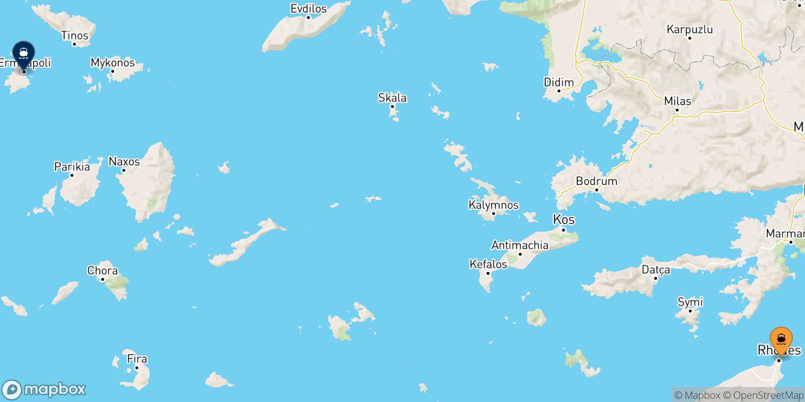 Mappa della rotta Rodi Syros