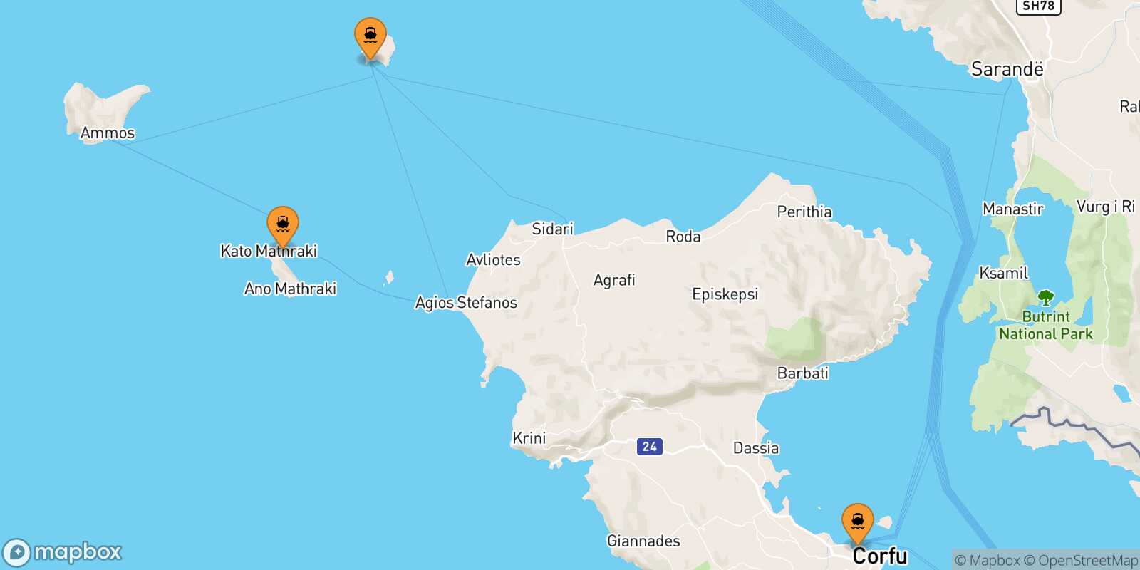 Mappa dei porti collegati con  Othoni Fano