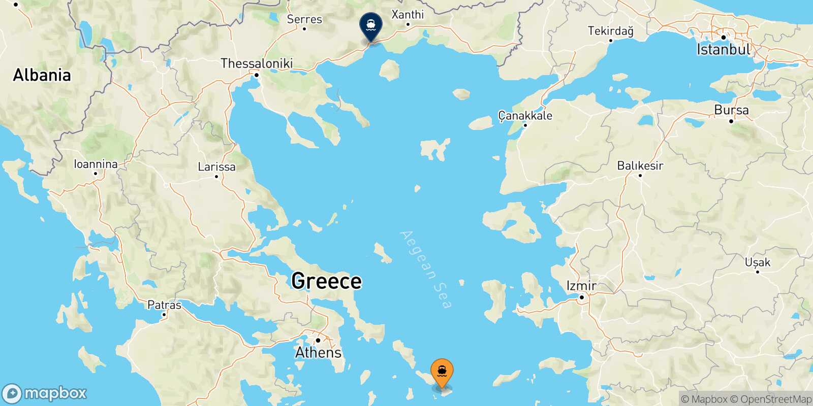 Mappa della rotta Mykonos Kavala
