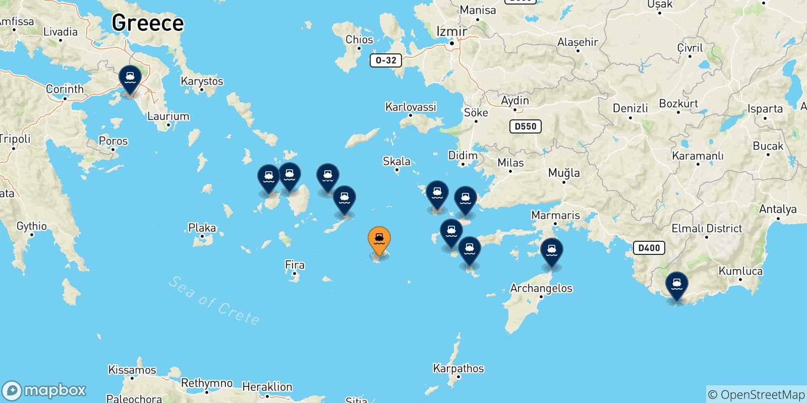 Mappa delle possibili rotte tra Astypalea e la Grecia