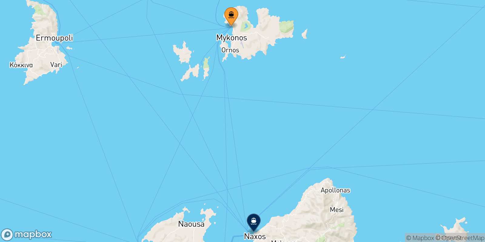 Mappa della rotta Mykonos Naxos