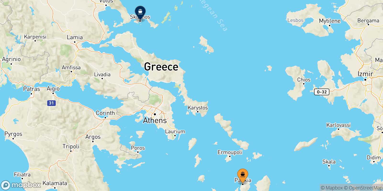 Mappa della rotta Paros Skiathos