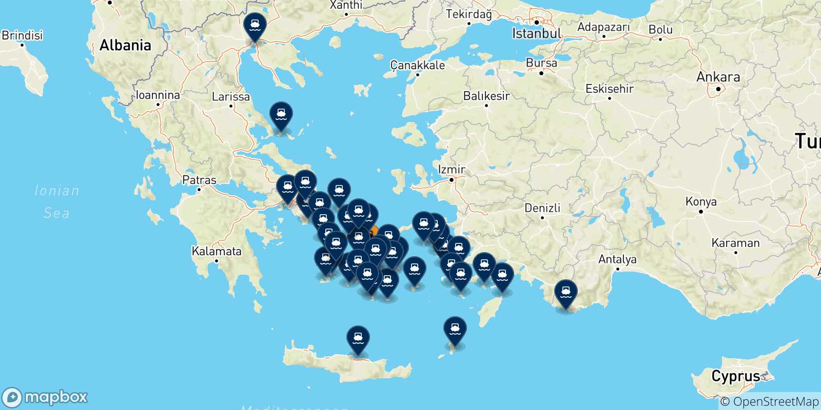 Mappa delle possibili rotte tra Naxos e la Grecia