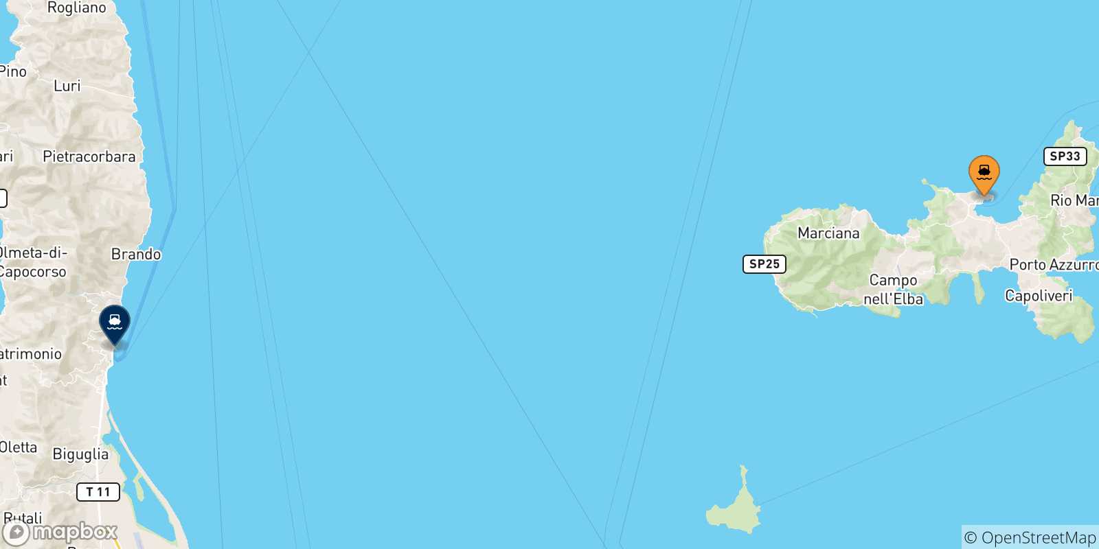 Mappa delle possibili rotte tra Portoferraio e la Corsica