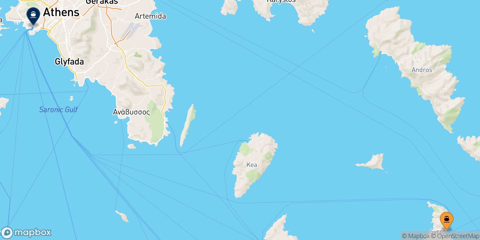 Mappa della rotta Syros Pireo
