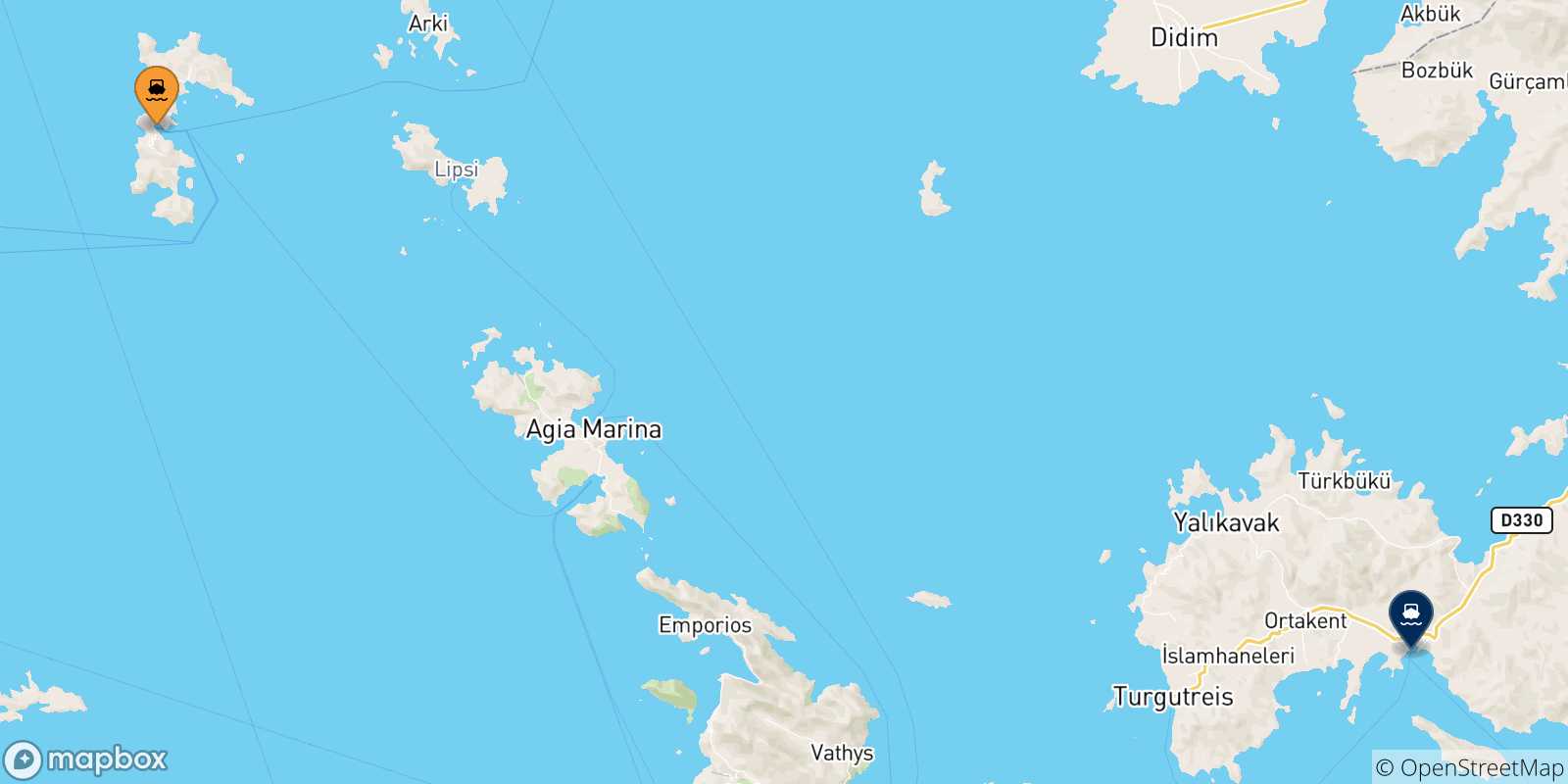 Mappa delle possibili rotte tra Patmos e la Turchia