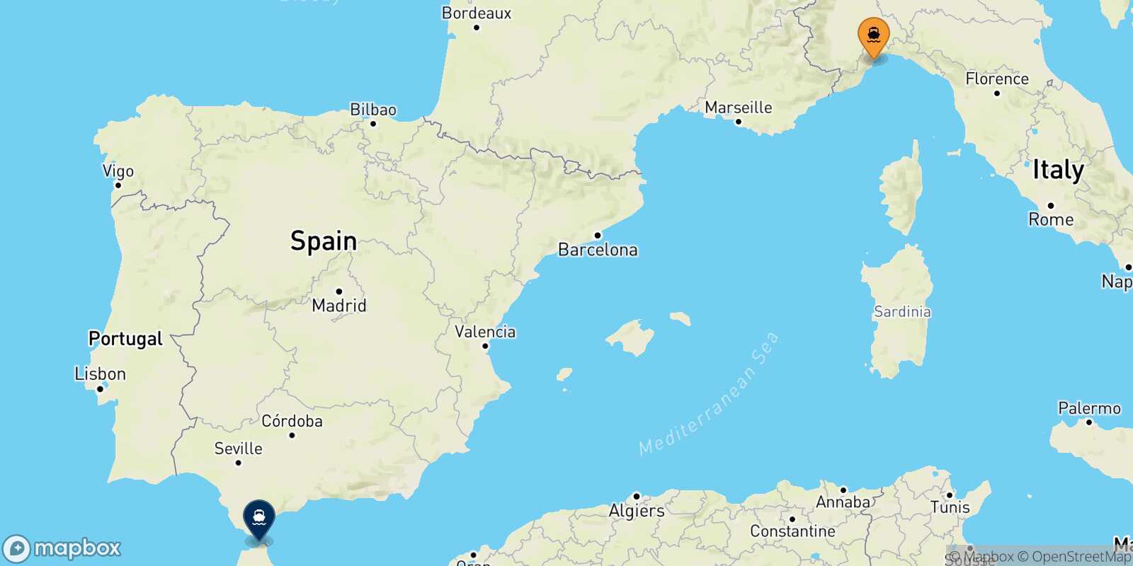 Mappa della rotta Savona Tangeri Med