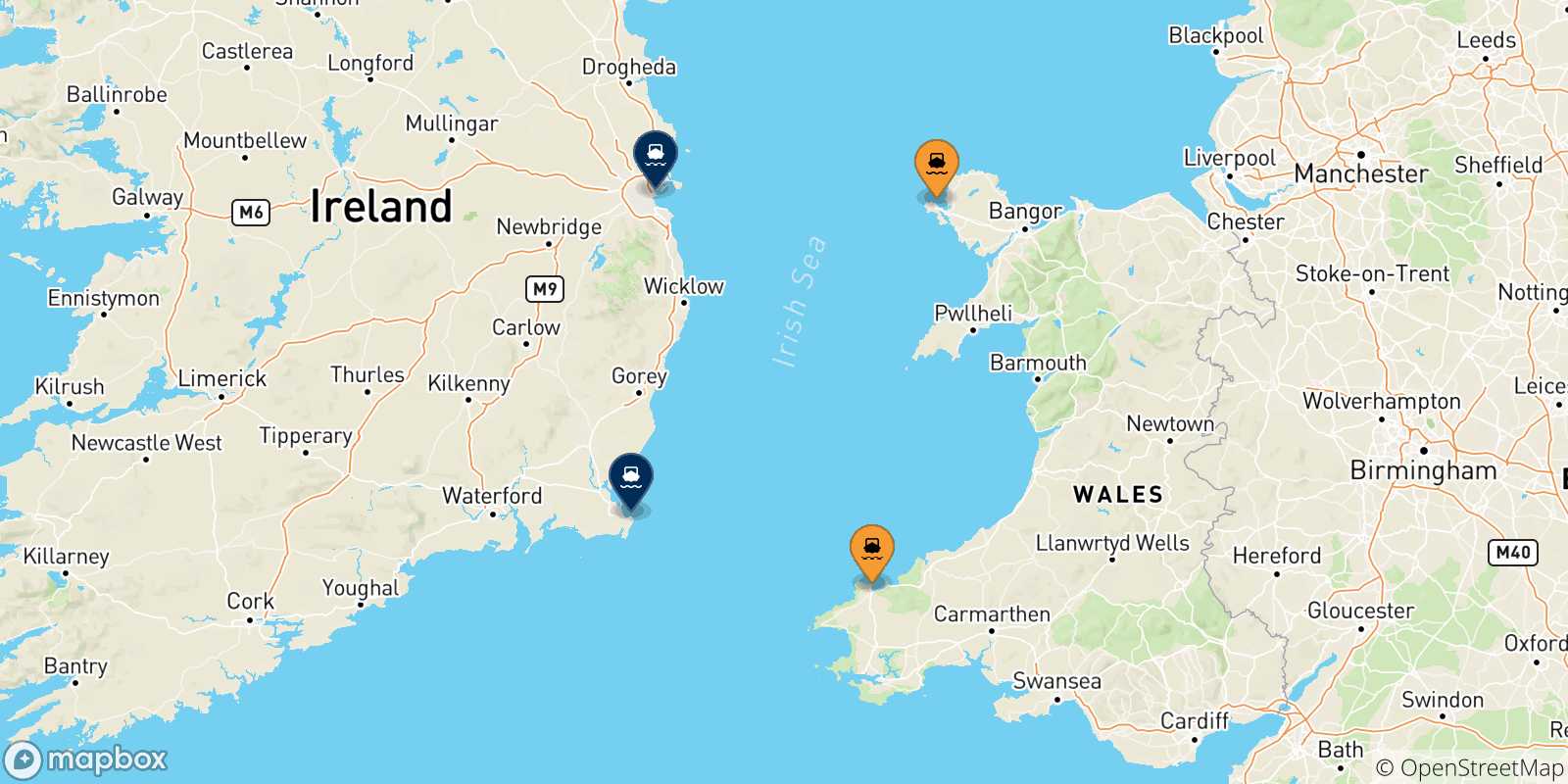 Mappa delle possibili rotte tra il Galles e l'Irlanda