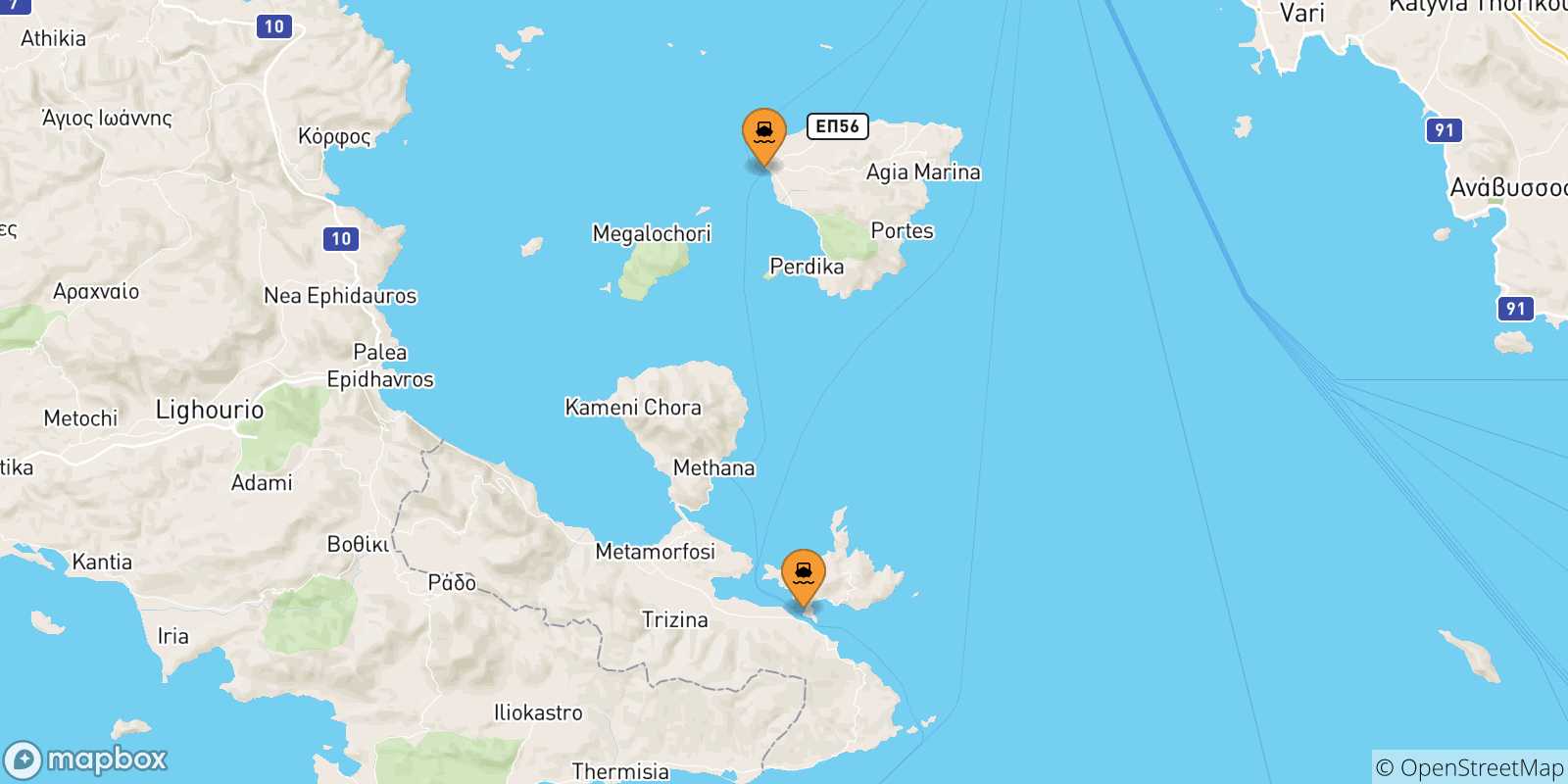 Mappa delle possibili rotte tra le Isole Saroniche e Methana