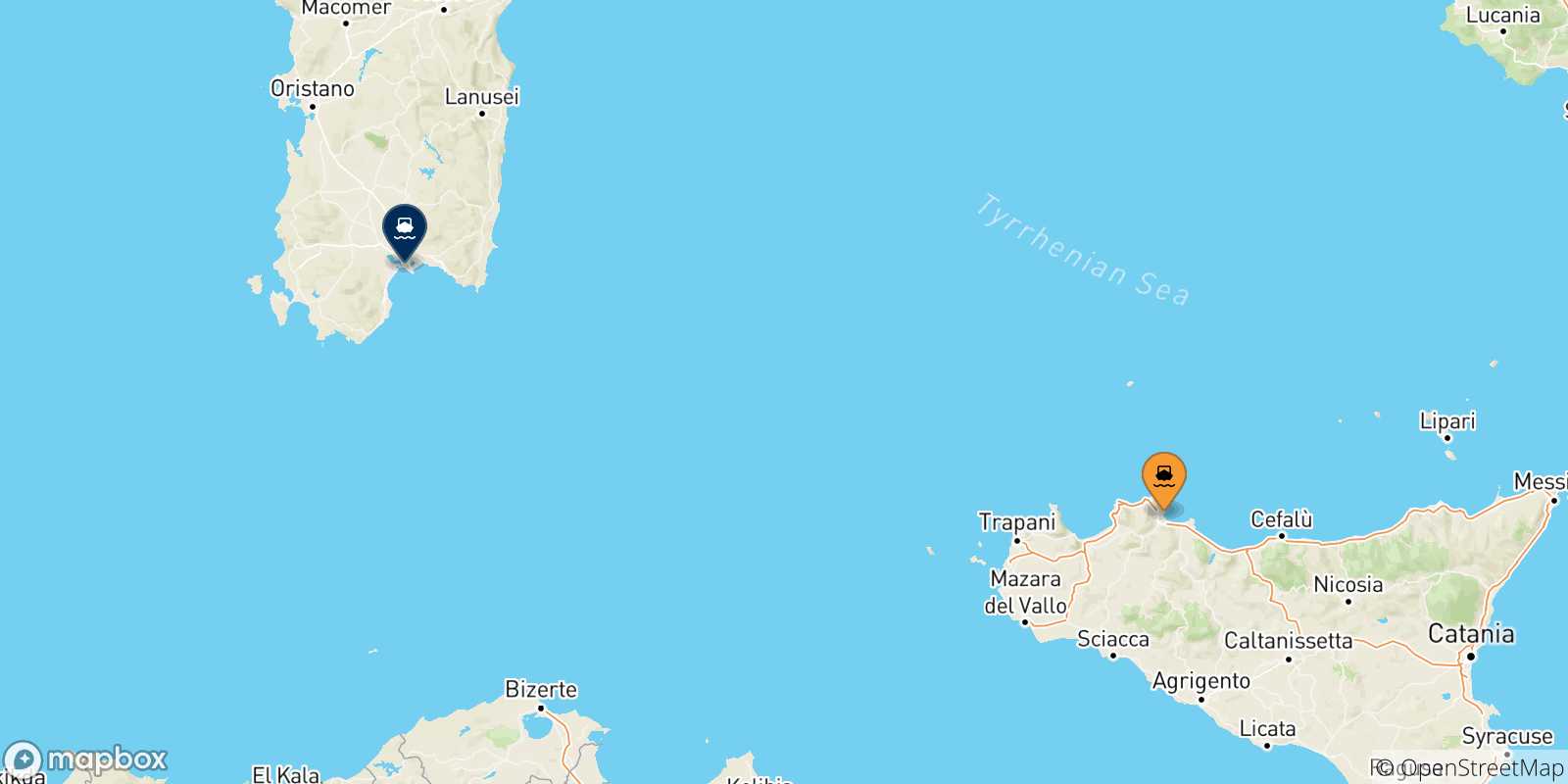 Mappa delle possibili rotte tra la Sicilia e Cagliari