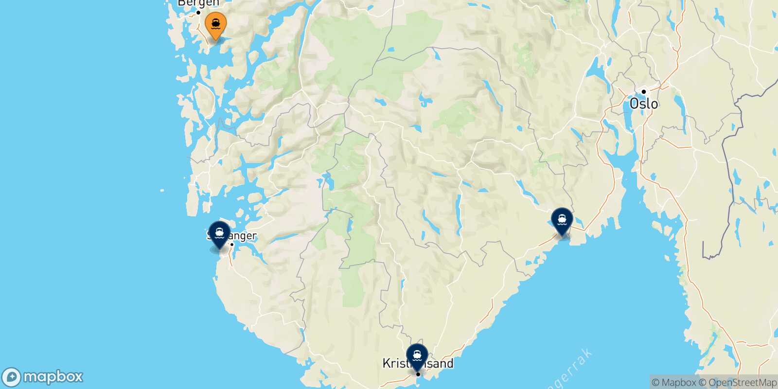 Mappa delle destinazioni raggiungibili da Bergen