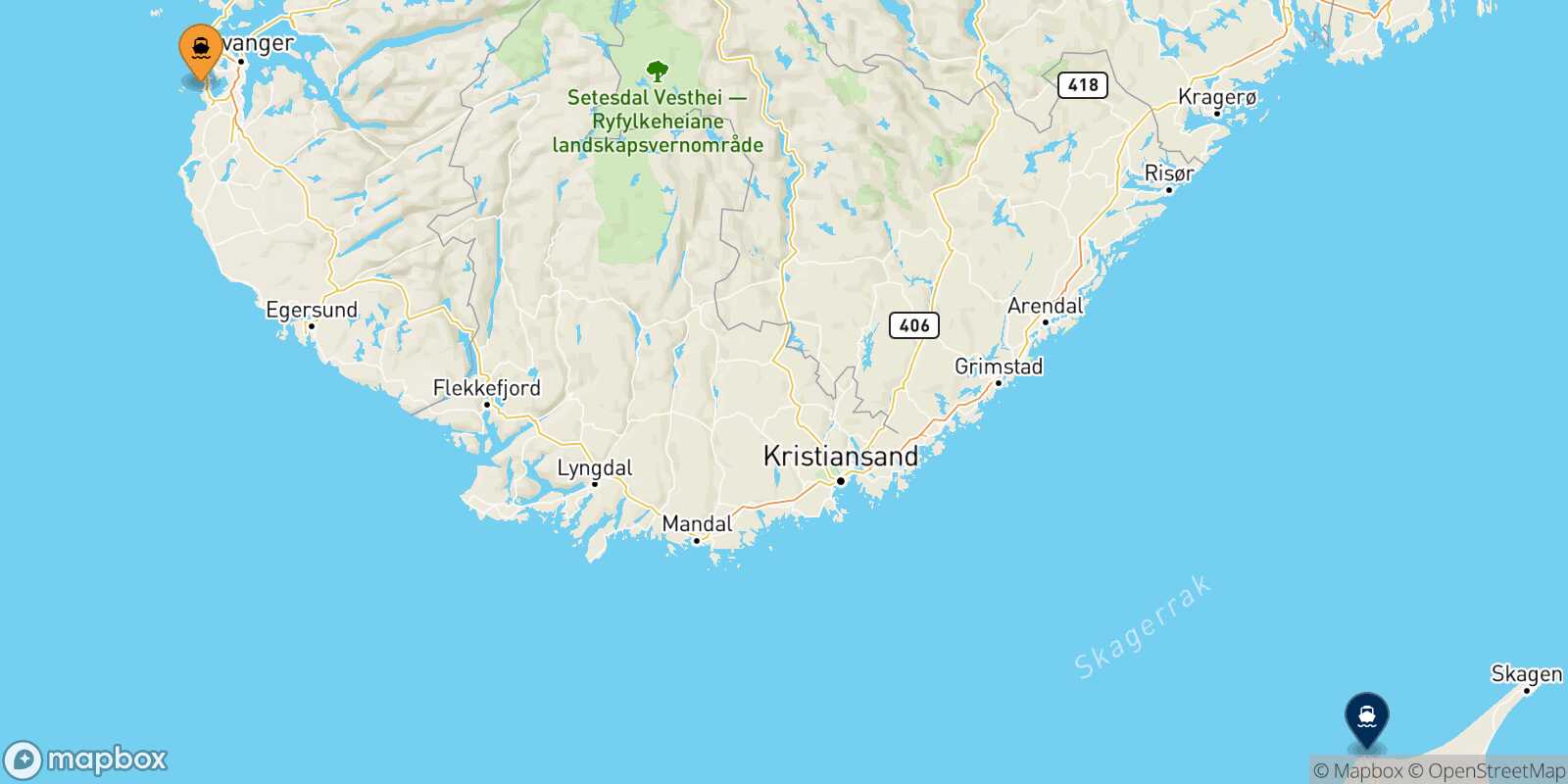 Mappa della rotta Stavanger Hirtshals