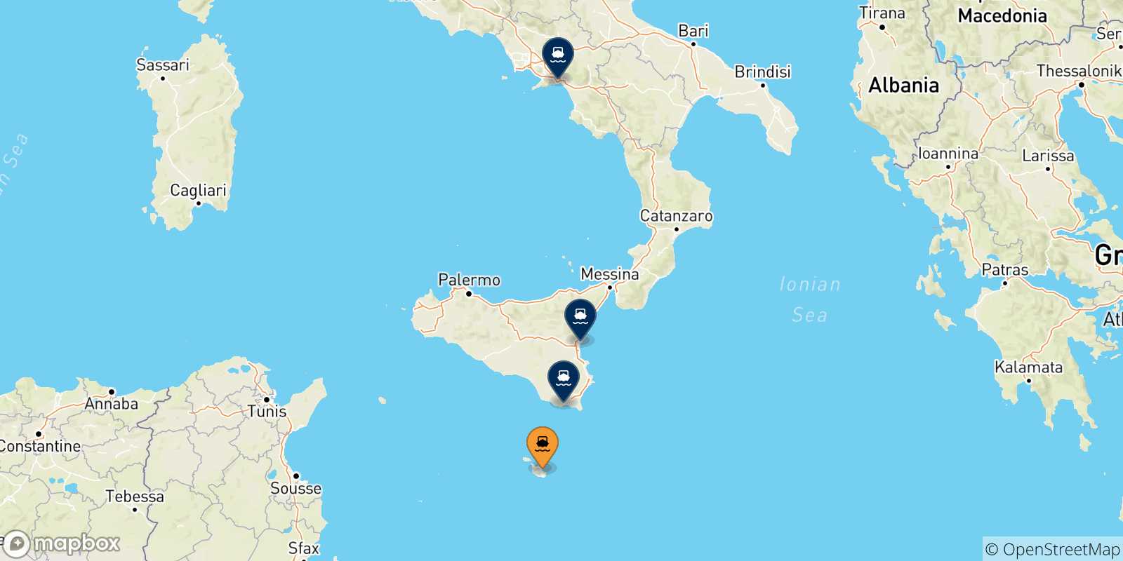Mappa delle possibili rotte tra Malta e l'Italia