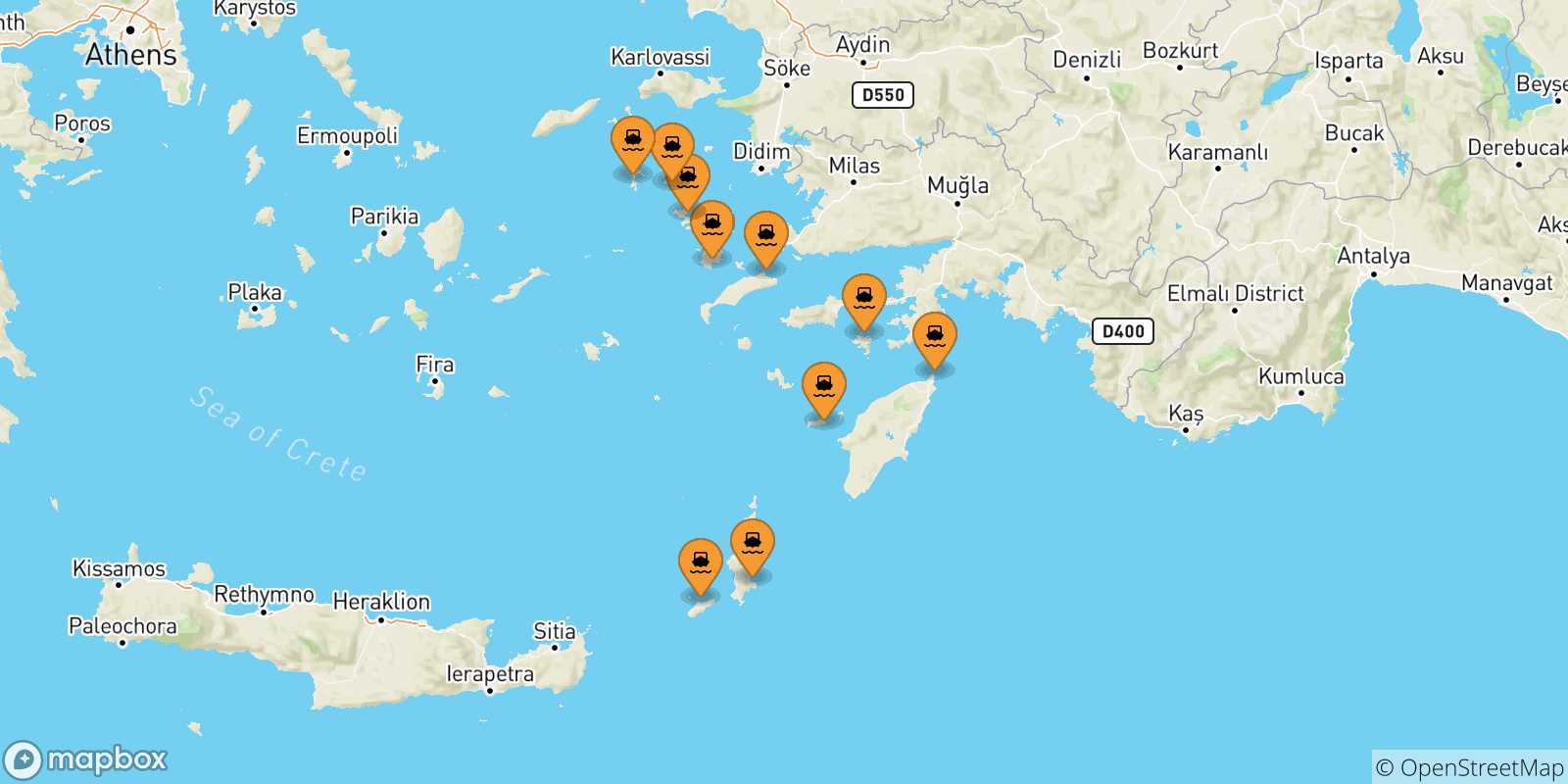 Mappa delle possibili rotte tra le Isole Dodecaneso e Karpathos