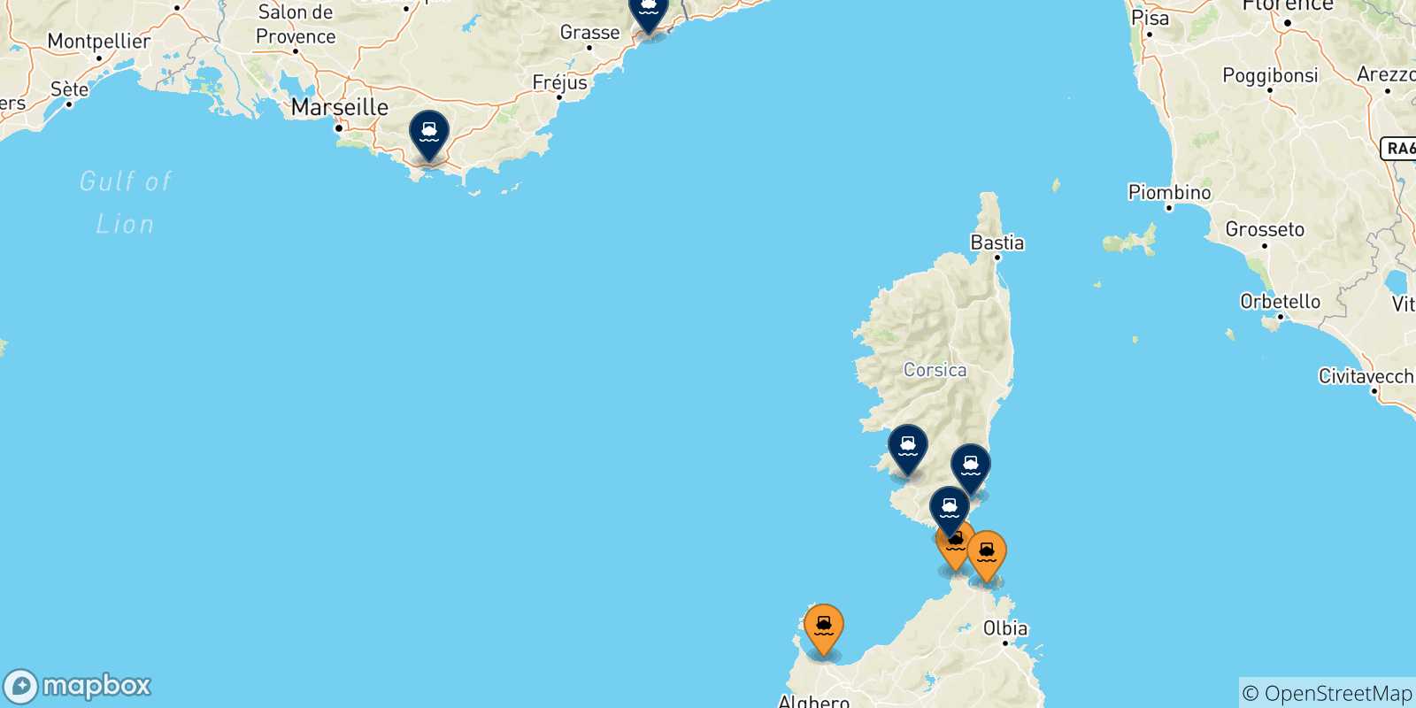 Mappa delle possibili rotte tra la Sardegna e la Francia
