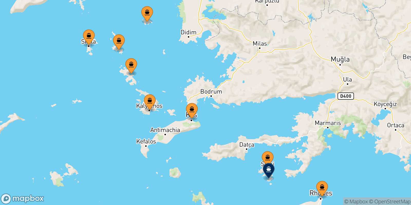 Mappa dei porti collegati con  Panormitis (Symi)