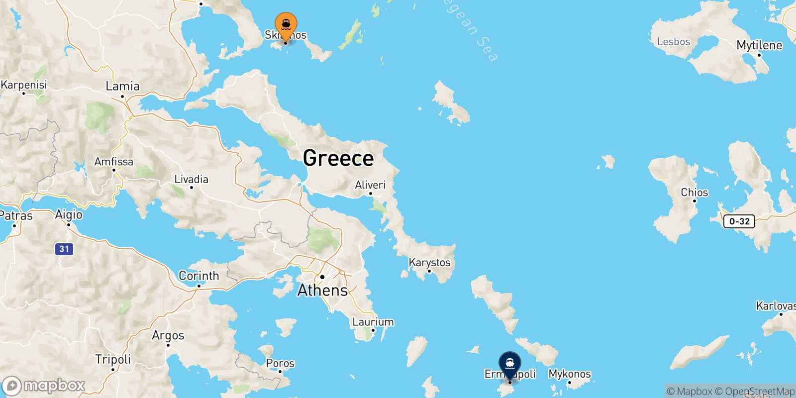 Mappa dei porti collegati con  Syros