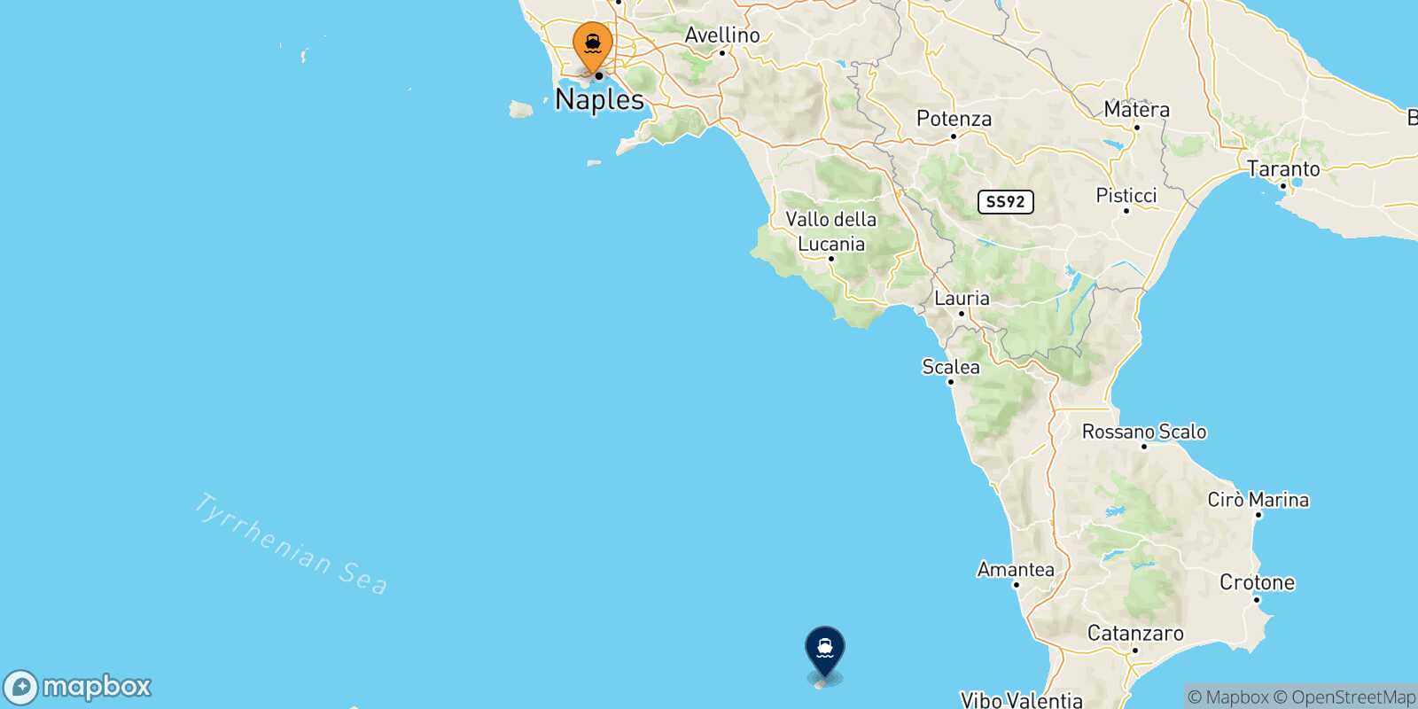 Mappa della rotta Napoli Mergellina Stromboli