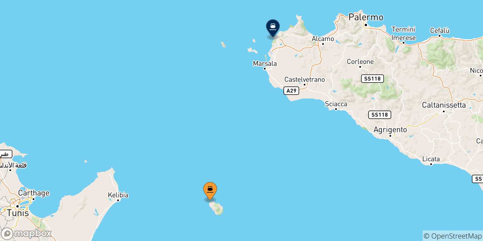 Mappa delle destinazioni raggiungibili dall' Isola Di Pantelleria
