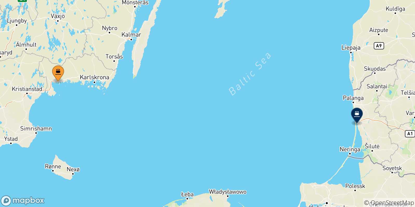 Mappa delle possibili rotte tra la Svezia e la Lituania