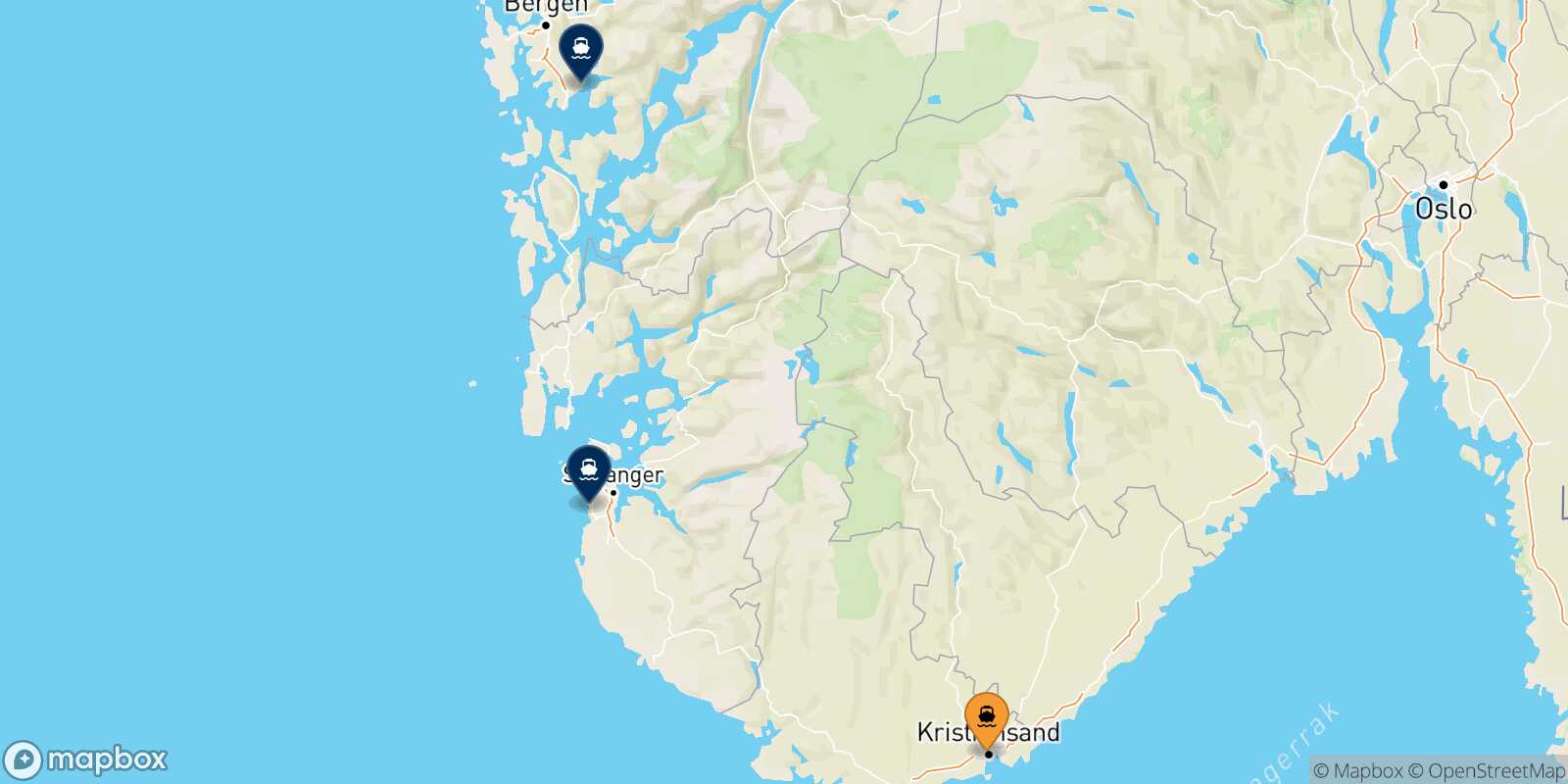 Mappa delle destinazioni raggiungibili da Kristiansand