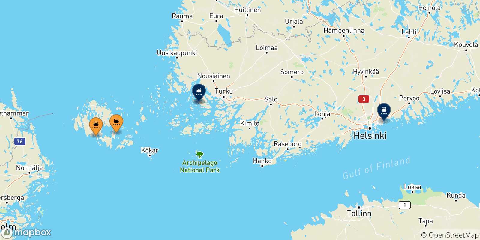 Mappa delle possibili rotte tra le Isole Aland e la Finlandia