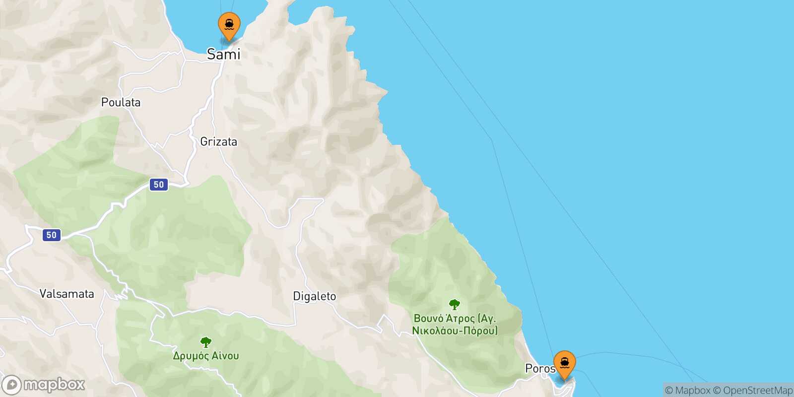 Mappa dei porti collegati con  Pisaetos (Itaca)
