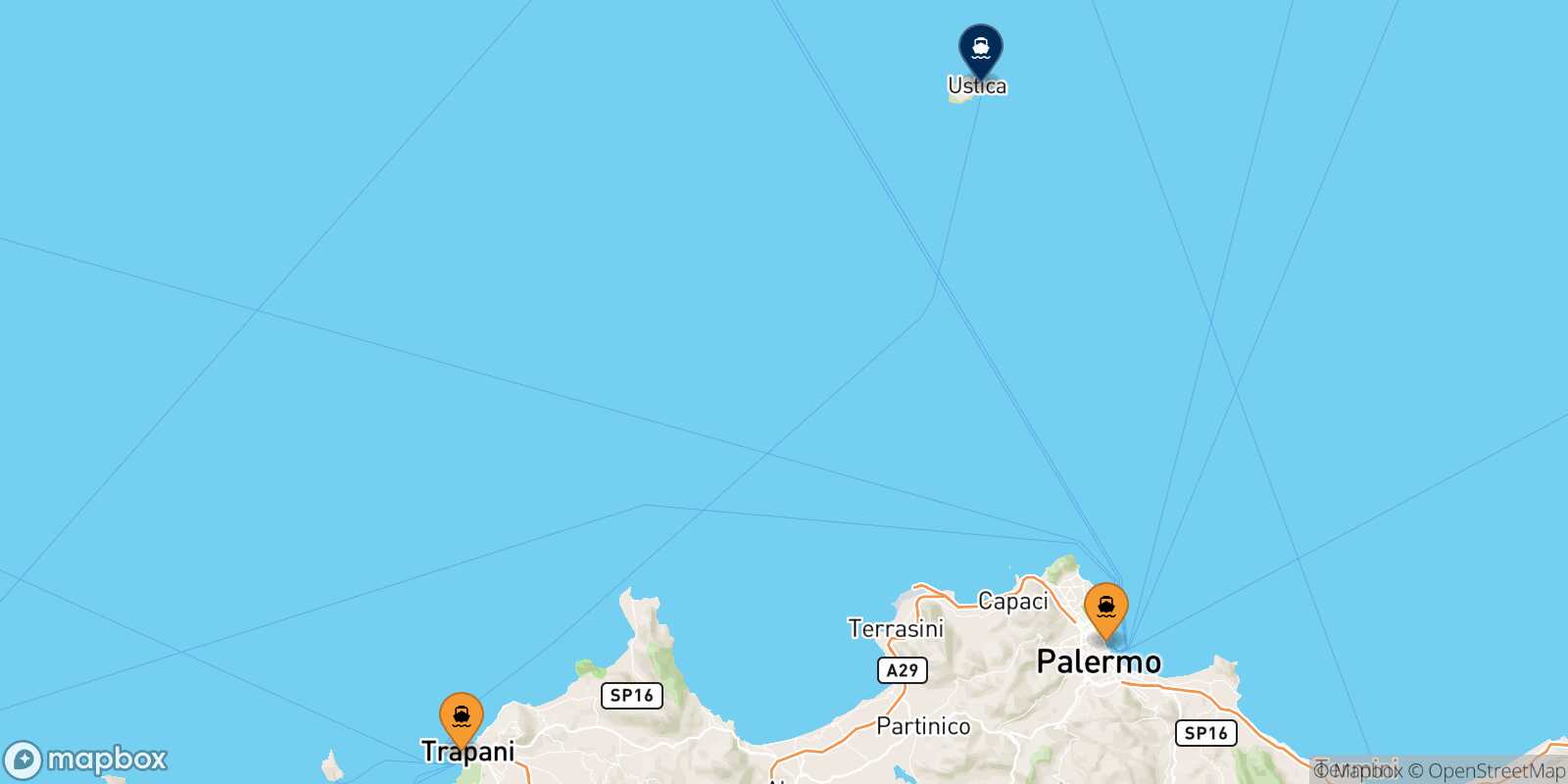 Mappa dei porti collegati con  Ustica