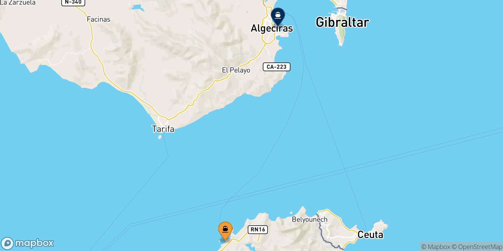 Mappa della rotta Tangeri Med Algeciras