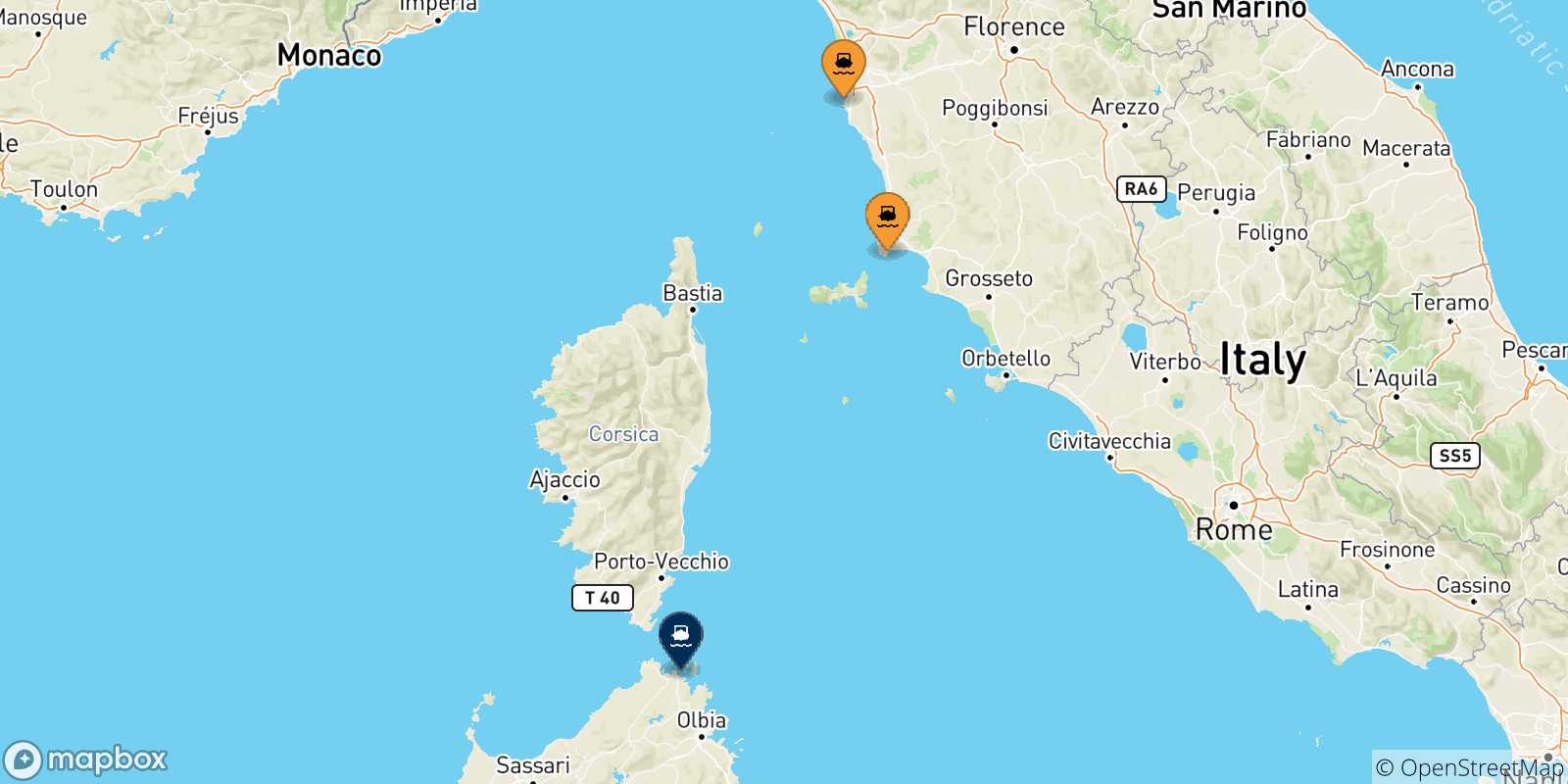 Mappa delle possibili rotte tra l'Italia e Golfo Aranci