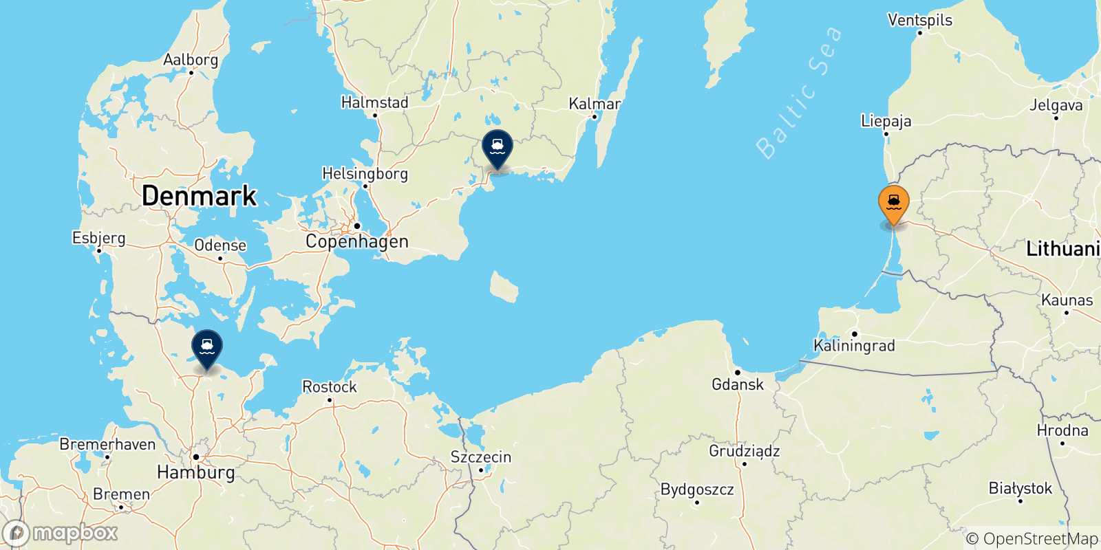 Mappa delle destinazioni raggiungibili dalla Lituania