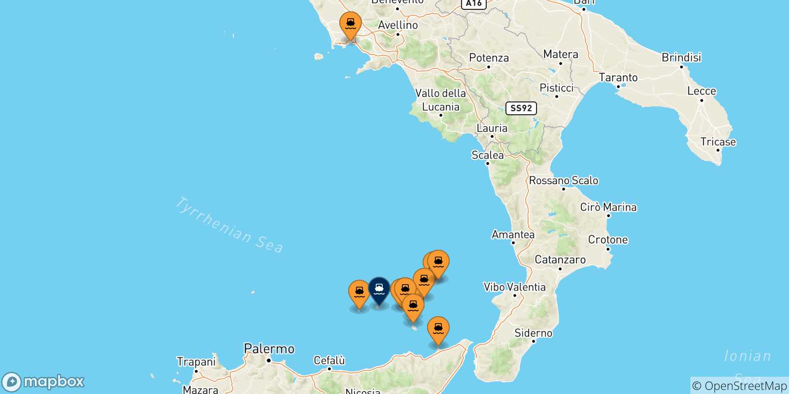 Mappa delle possibili rotte tra l'Italia e Filicudi