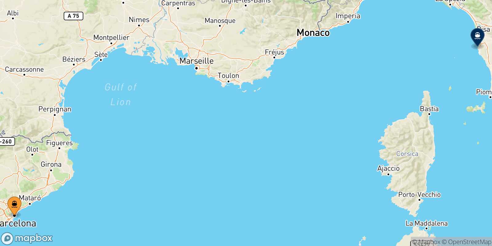 Mappa della rotta Barcellona Livorno
