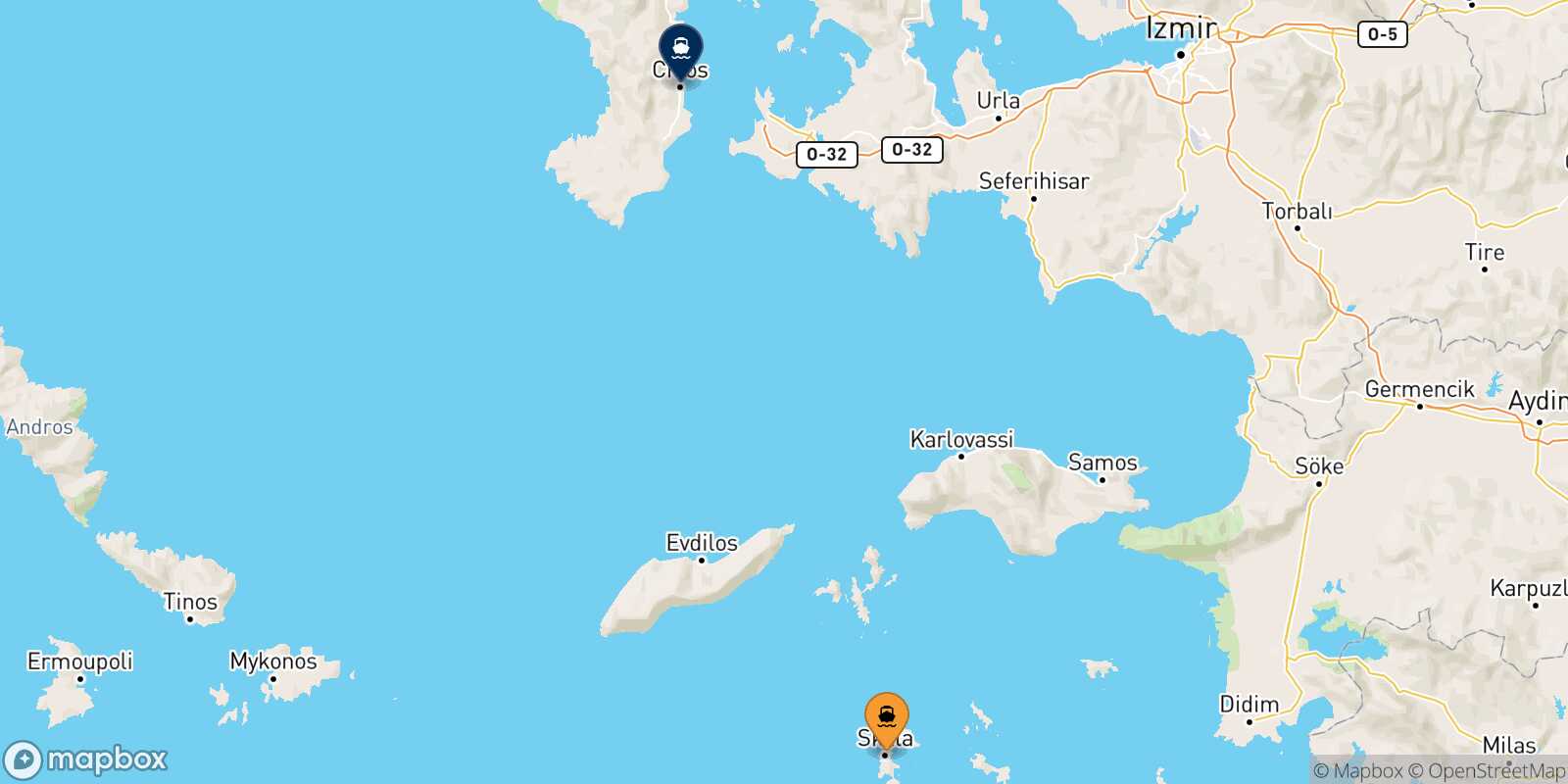 Mappa della rotta Patmos Chios