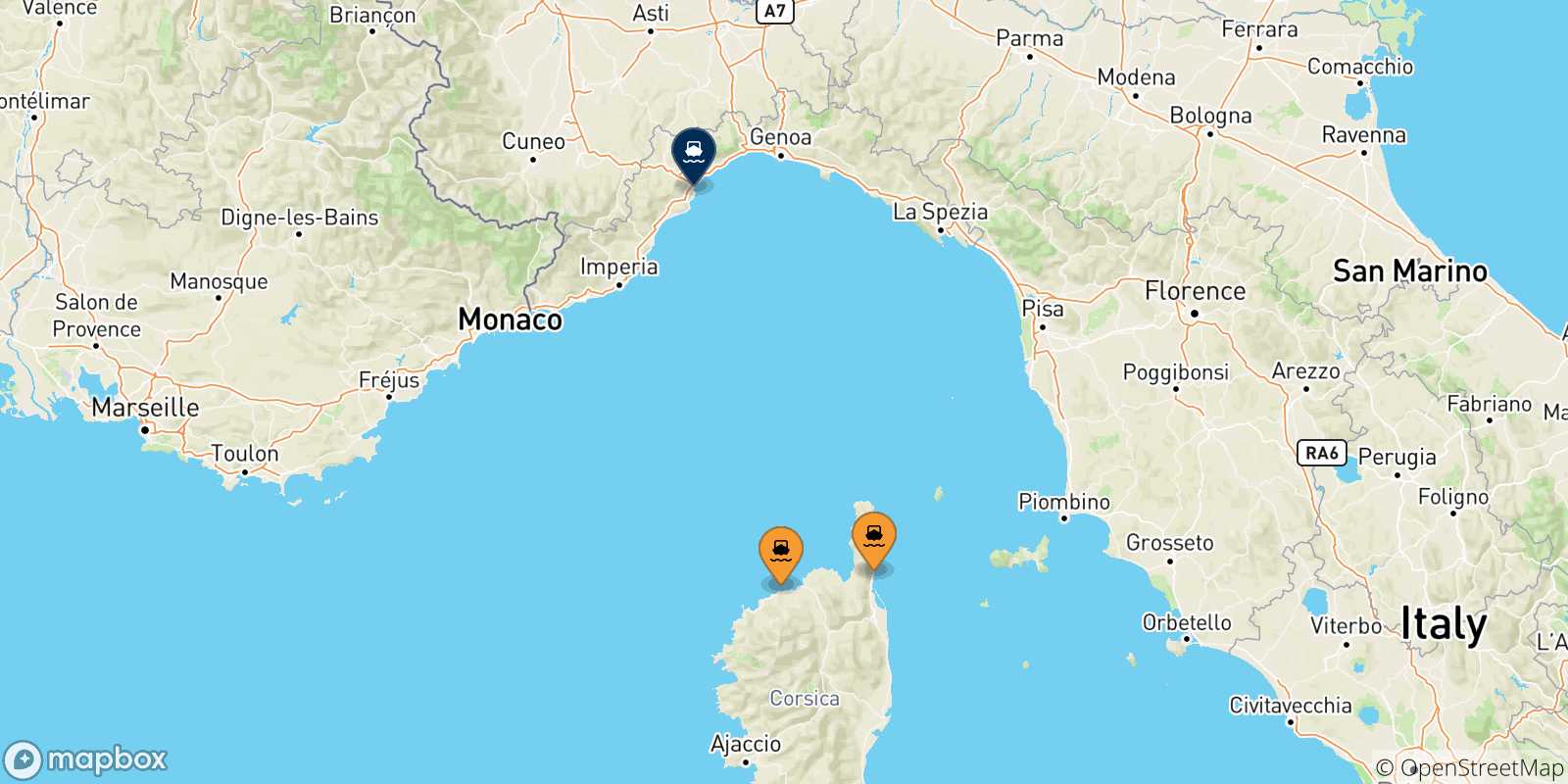 Mappa delle possibili rotte tra la Corsica e Savona