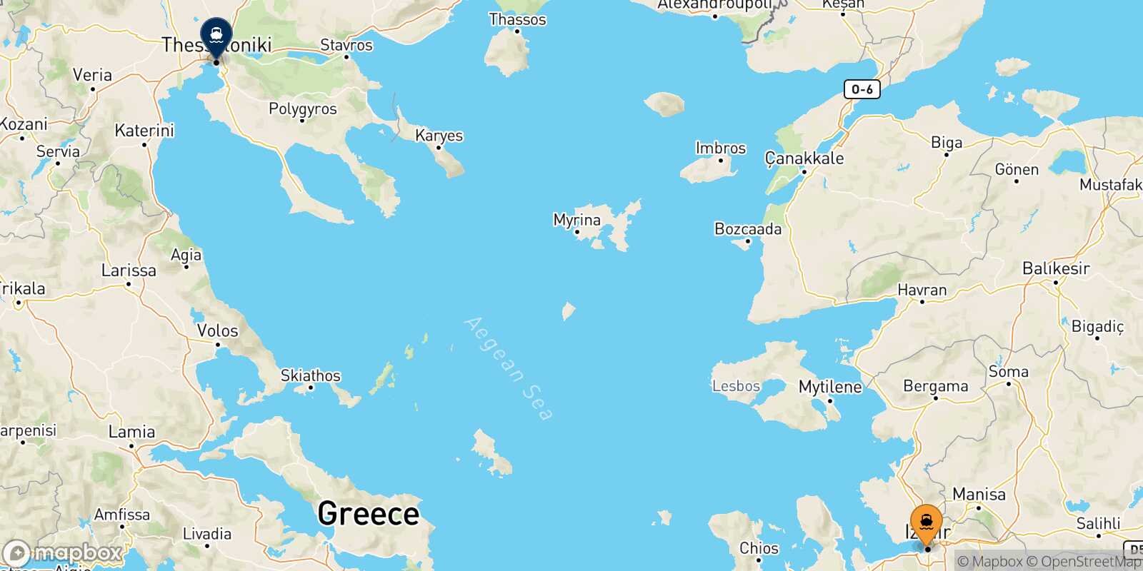Mappa delle destinazioni raggiungibili da Izmir