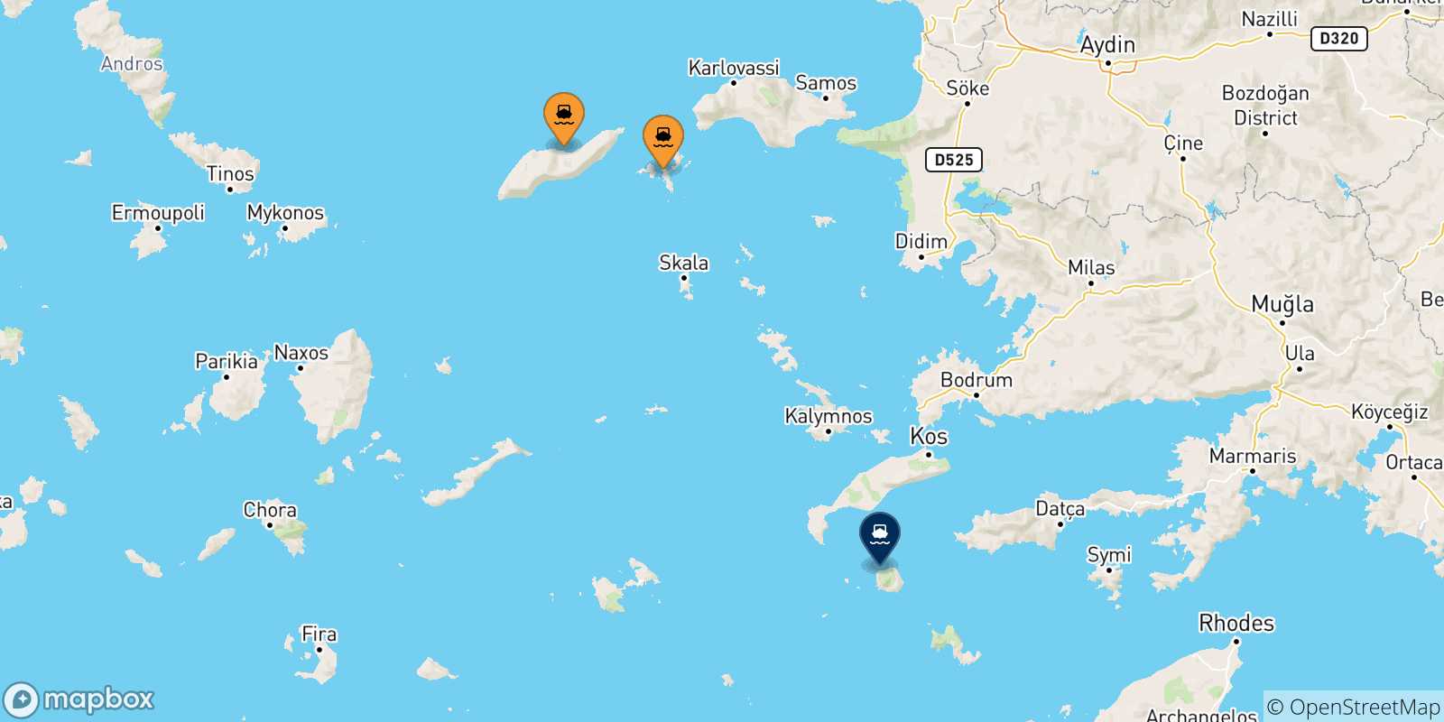 Mappa delle possibili rotte tra le Isole Egeo Nord Orientale e Nisyros