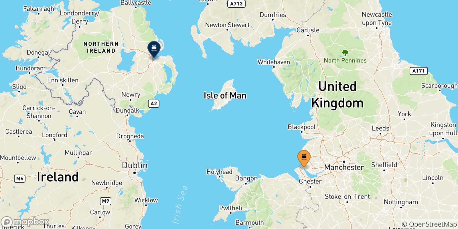 Mappa delle possibili rotte tra l'Inghilterra e l'Irlanda Del Nord