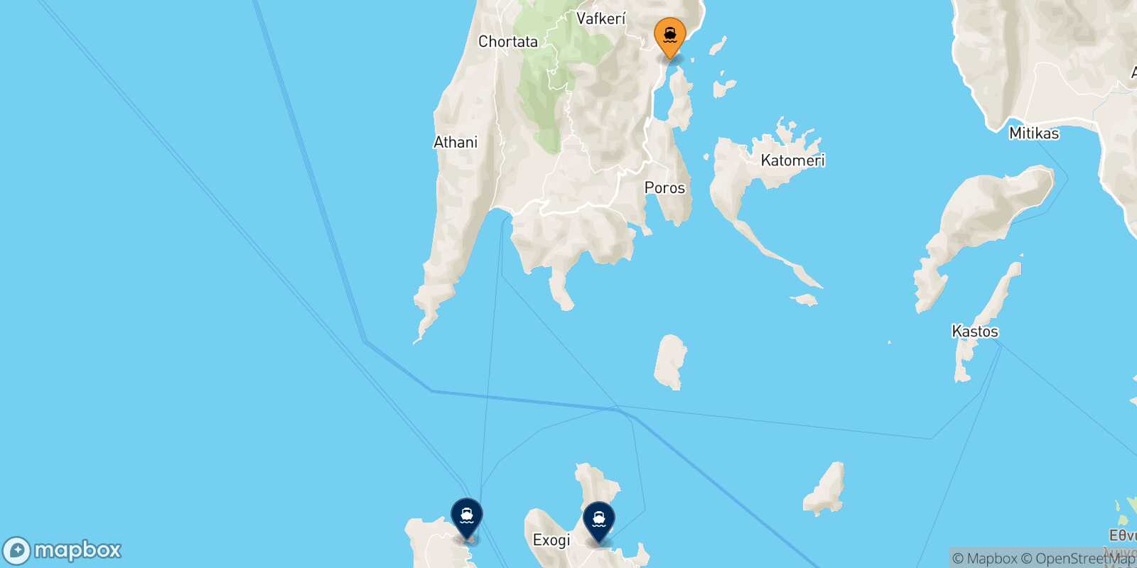 Mappa delle destinazioni raggiungibili da Nydri (Lefkada)