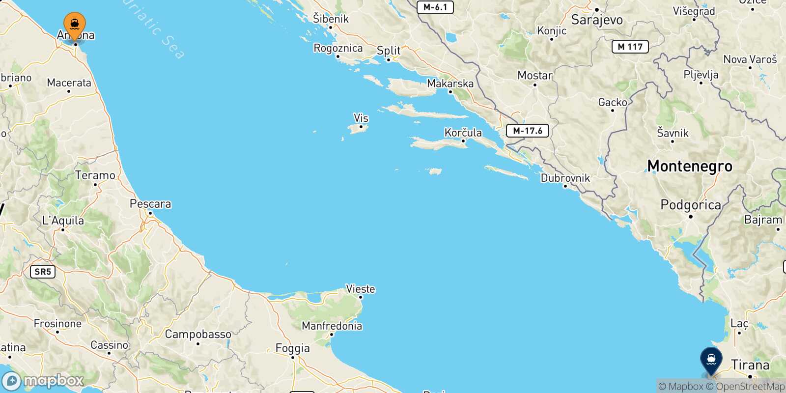 Mappa della rotta Ancona Durazzo
