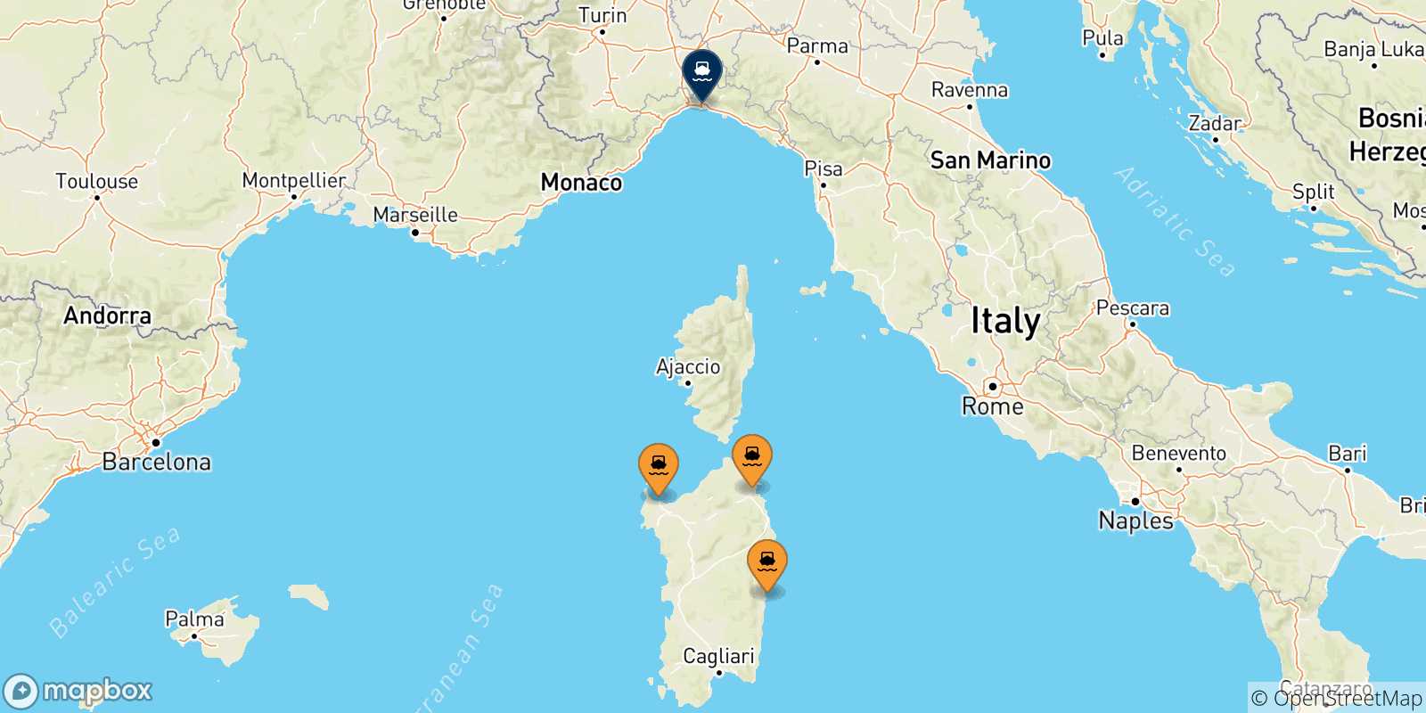 Mappa delle possibili rotte tra la Sardegna e Genova