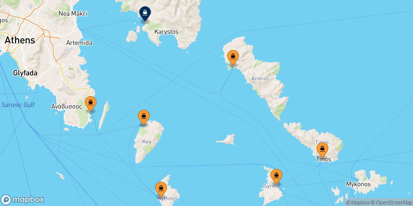 Mappa dei porti collegati con  Marmari