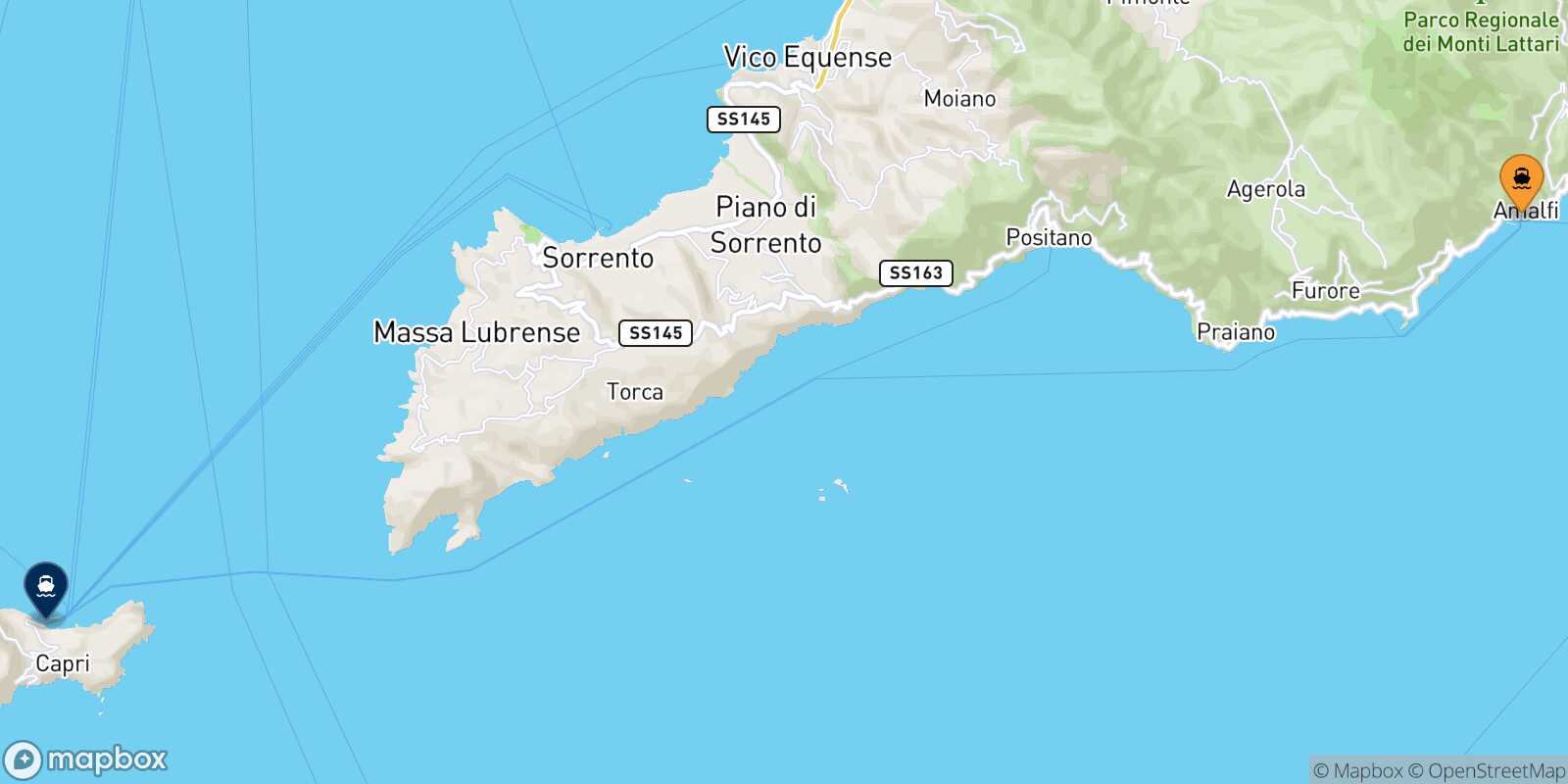 Mappa della rotta Amalfi Capri