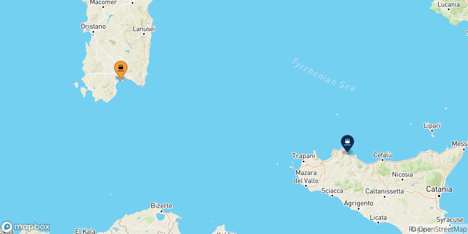 Mappa delle possibili rotte tra la Sardegna e la Sicilia