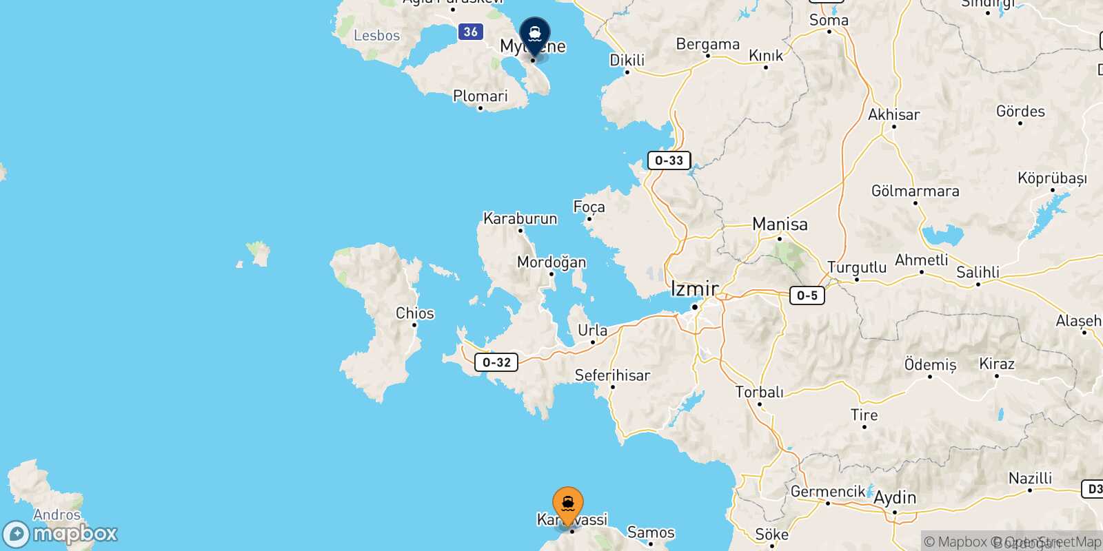 Mappa della rotta Karlovassi (Samos) Mitilini (Lesvos)