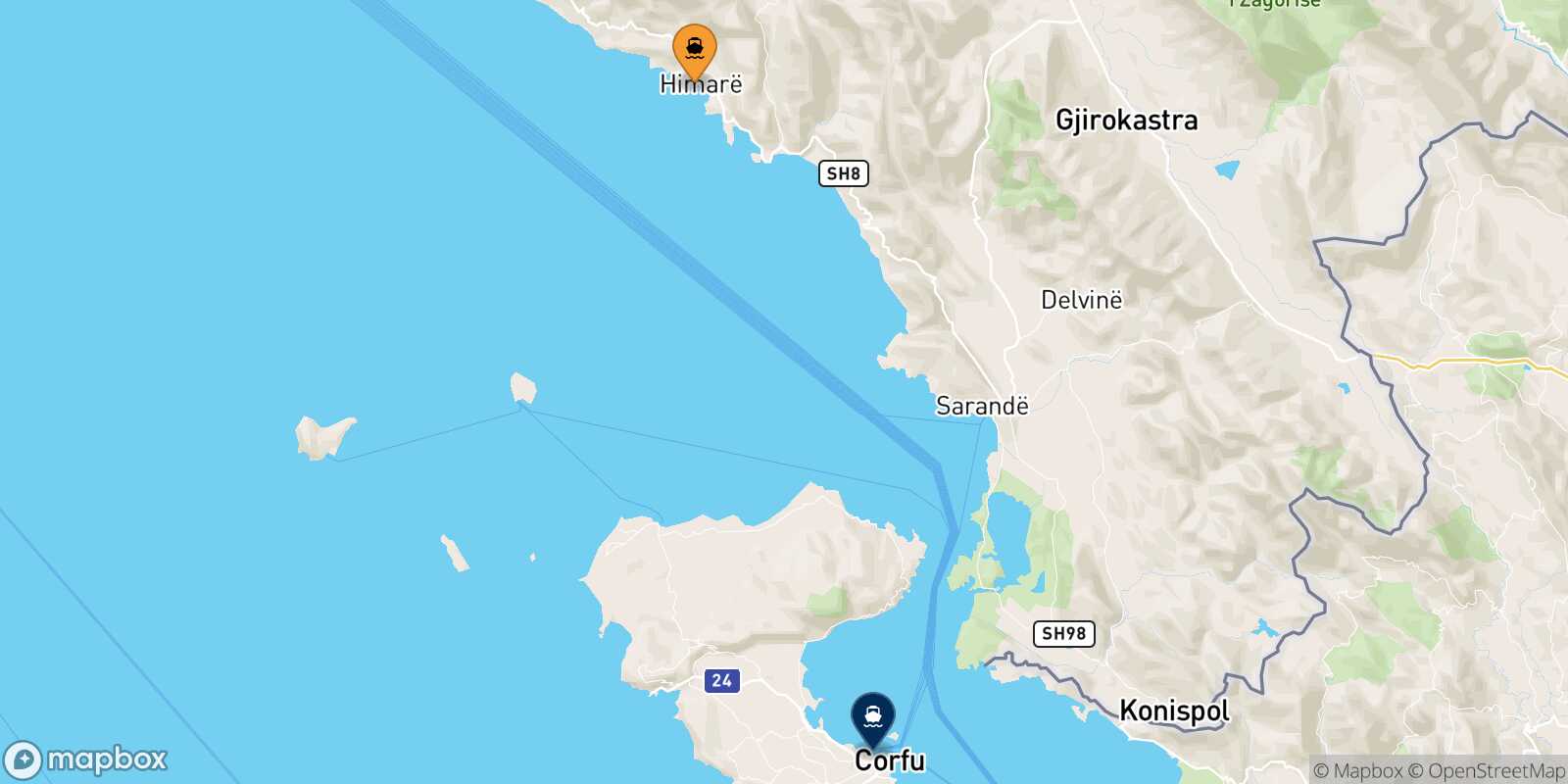 Mappa della rotta Himare Corfu