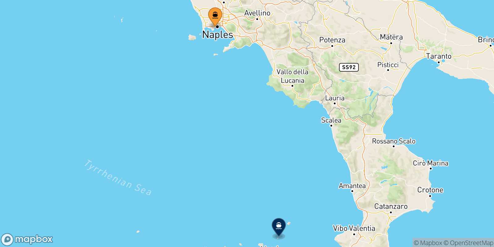 Mappa della rotta Napoli Mergellina Panarea