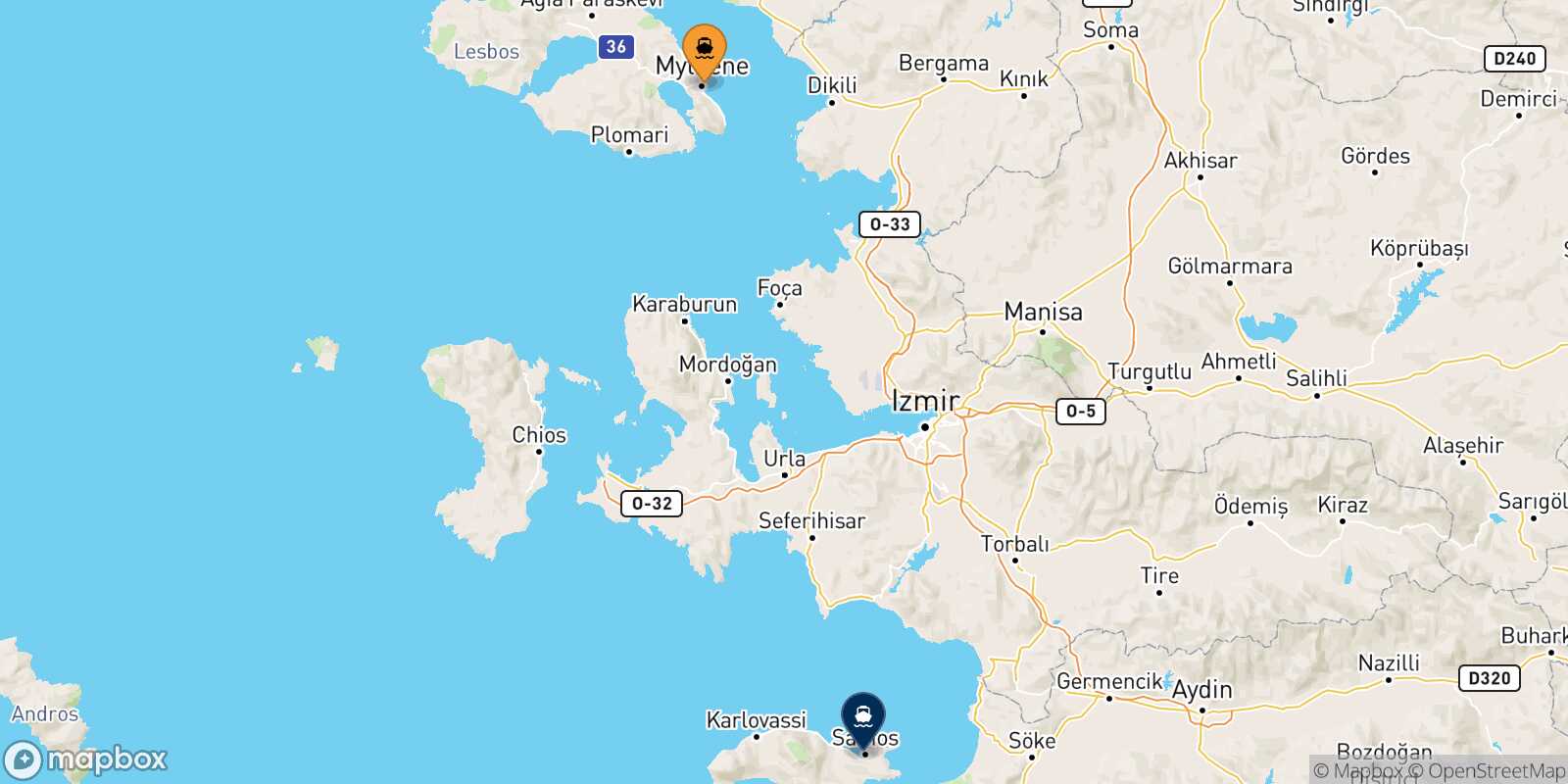 Mappa della rotta Mitilini (Lesvos) Vathi (Samos)