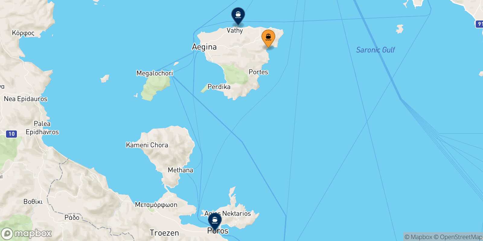 Mappa delle destinazioni raggiungibili da Agia Marina (Aegina)
