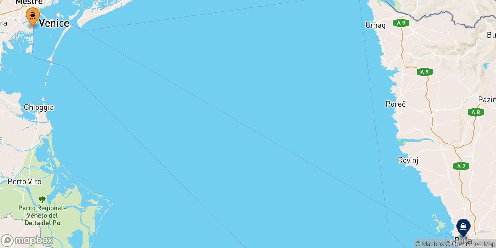 Mappa della rotta Venezia Pola